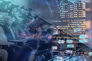 Students in a lecture hall, overlaid with computer code