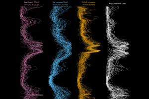 The image displays COVID-19 data gathered by the Delphi Research Group during the first two years of the pandemic. Each line represents one of the 50 states. Each color displays a different type of data. (Carnegie Mellon University)
